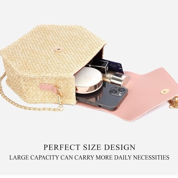 Pink and Cream Hexagonal Crossbody Bag with Gold Chain - Picture 2 of 4